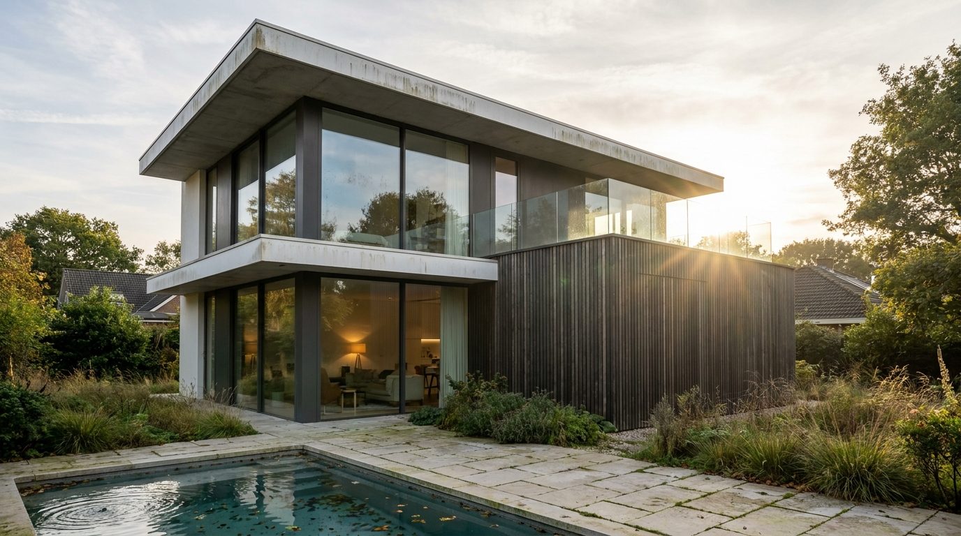 Moderne Villa in der Abenddämmerung mit warm beleuchtetem Eingang